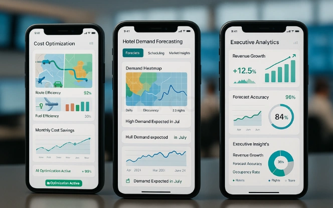 Operational Efficiency and Decision-Making with AI AI tourism operations dashboard with KPIs, cost insights, and forecasts
