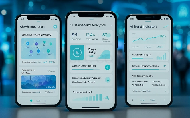 The Future of AI in Global Tourism Futuristic AI tourism innovation dashboard with AR VR and sustainability analytics