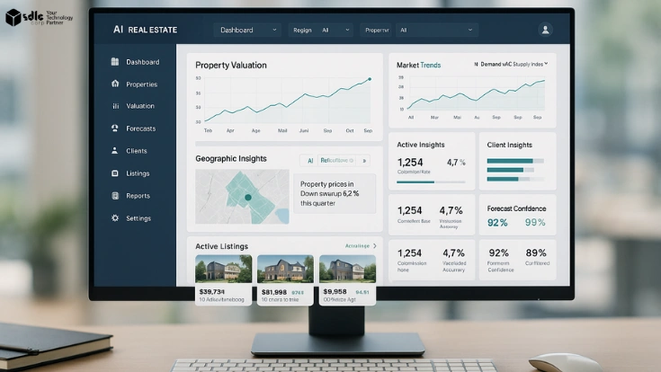 Futuristic AI real estate dashboard on monitor showing generative layouts, blockchain data, and sustainability metrics.