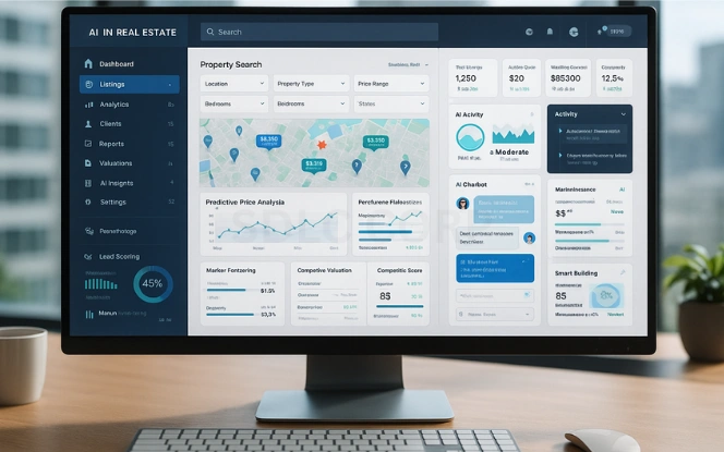 Role of AI in Modern Real Estate Front-facing monitor displaying AI dashboard with property filters, fraud alerts, and predictive analytics.