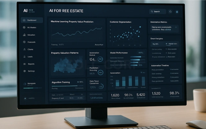 Machine Learning in Real Estate Startups AI real estate dashboard with machine learning charts, customer insights, and automation metrics.
