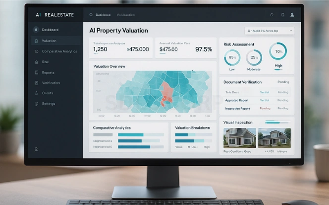 AI for Property Valuation and Risk Assessment AI-powered property valuation dashboard showing analytics, risk metrics, and heat maps in real estate office.