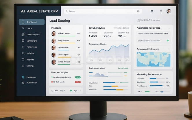 AI-Driven Real Estate Lead Generation AI-driven real estate lead generation dashboard showing CRM analytics and follow-up tracking visuals.