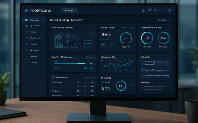 AI in Property Technology (AI PropTech) AI PropTech dashboard showing smart building analytics and energy optimization data.