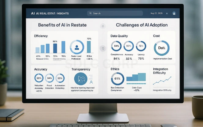 Benefits and Challenges of AI Adoption Comparative AI dashboard showing benefits and challenges of AI in real estate with analytics charts.