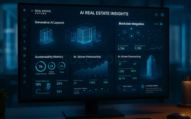 Future of AI in Real Estate Startups Futuristic AI real estate dashboard on monitor showing generative layouts, blockchain data, and sustainability metrics.