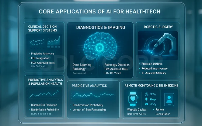 Illustration showing AI applications in clinical decision systems, diagnostics, robotic surgery, predictive analytics, and telemedicine.