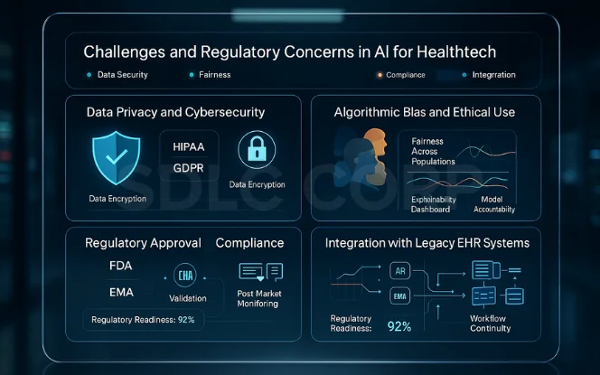 Graphic depicting challenges in AI healthcare adoption such as data privacy, cybersecurity, algorithmic bias, and integration with electronic health records.