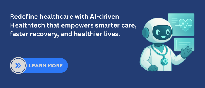 Illustration of an AI robot doctor presenting digital health data, representing AI for Healthtech that enhances patient recovery and promotes smarter healthcare.