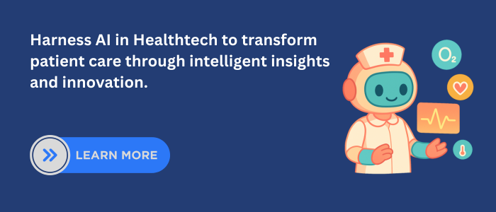 Friendly AI nurse surrounded by health icons such as heart rate, oxygen, and temperature, symbolizing technology-powered innovation in patient care.