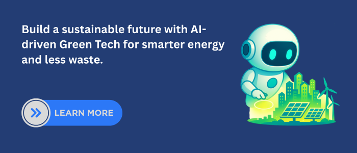 Illustration of an AI robot showcasing a city powered by renewable energy and solar panels, symbolizing AI for Green Tech that promotes smarter energy use and less waste.