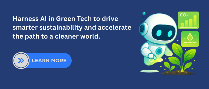 AI robot nurturing a growing plant with environmental icons for CO₂ reduction and water conservation, representing intelligent sustainability through technology.