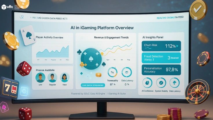 AI-powered iGaming analytics dashboard on a curved monitor displaying real-time casino data, trends, and player insights.