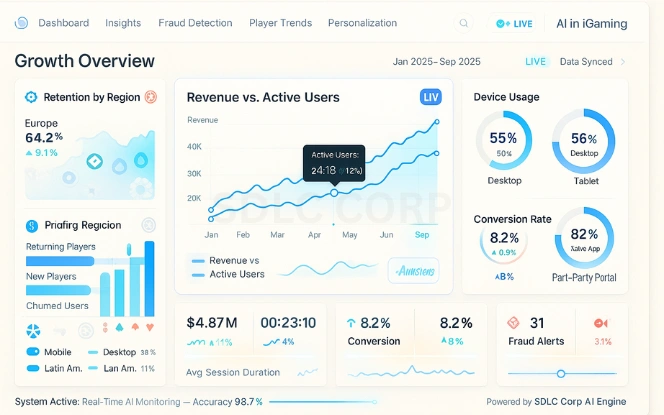 Why AI Is Now a Core Driver of iGaming Growth AI-powered iGaming growth dashboard showing revenue versus active users with retention by region and device usage charts, reflecting how AI drives iGaming performance and player engagement