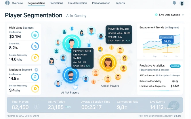 Player Segmentation and Behavior Prediction Player segmentation interface with circular clusters, churn risk, and engagement analytics