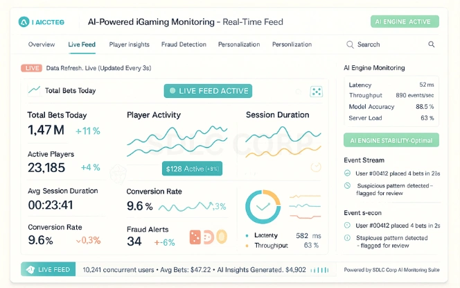 Real-Time iGaming AI Analytics Real-time iGaming analytics dashboard showing live KPIs, bet volume, and user activity