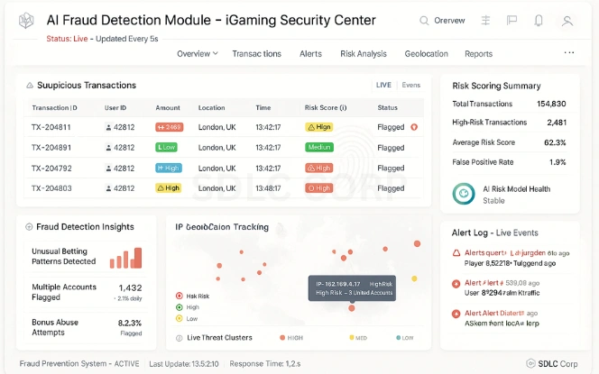 Fraud Detection in iGaming with AI AI fraud detection dashboard showing suspicious transactions, risk scores, and IP tracking map