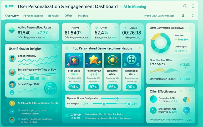 AI Personalization for iGaming Users User personalization dashboard featuring recommended games, behavior insights, and offer analysis