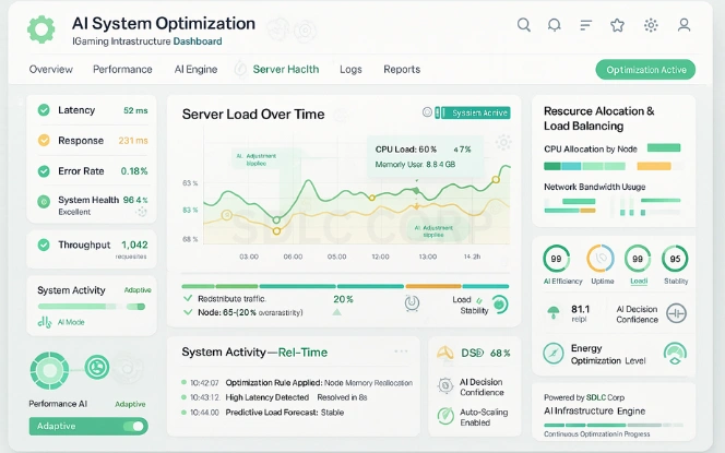 AI for Casino Platform Optimization AI system optimization dashboard showing server load, latency, and system health metrics