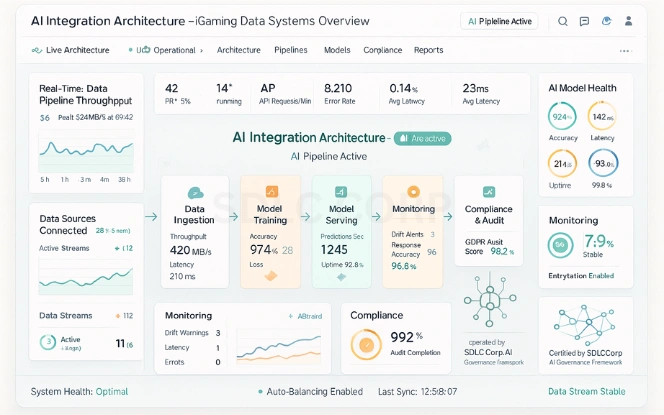 AI Integration Framework for iGaming Technical AI integration dashboard illustrating data ingestion, model training, serving, and compliance flow