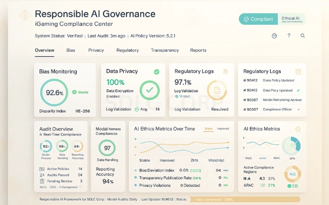 Governance and Responsible AI Responsible AI governance dashboard featuring bias monitoring, data privacy, and transparency metrics
