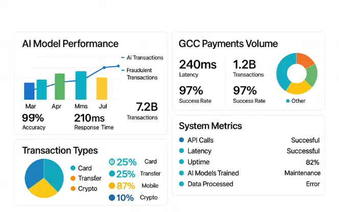 AI dashboard showing model performance, GCC payments, and system metrics.