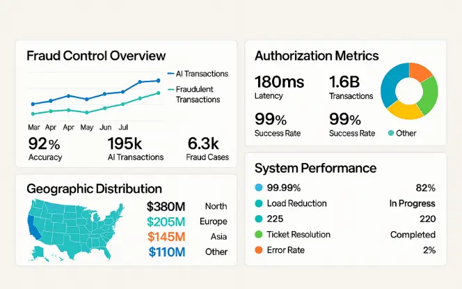 AI dashboard showing fraud control, metrics, and performance data.
