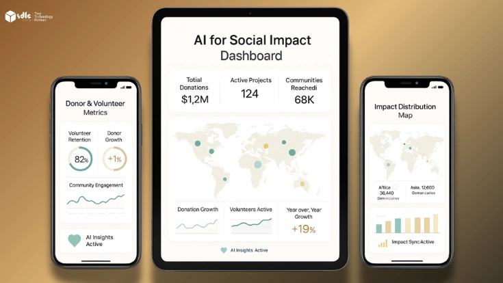 Introduction visual with a tablet and two mobile screens showing AI for Social Impact dashboards