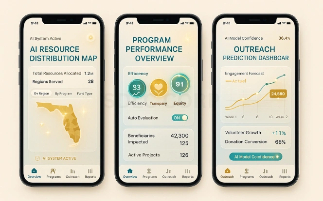 Why AI Is Now a Core Driver of Social Good Three front-facing mobile screens with nonprofit operations KPIs, resource maps, and outreach forecasts