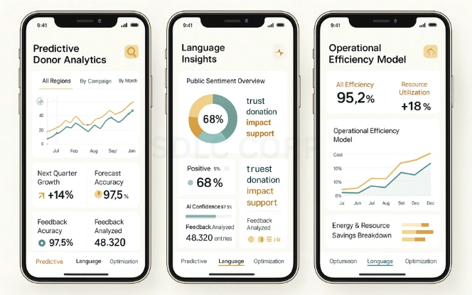 Key Capabilities of AI for Social Impact Predictive analytics, NLP sentiment insights, and optimization model metrics across three mobile screens