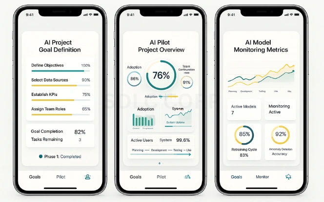 Steps to Adopt AI in Nonprofit Organizations Goal checklist, pilot adoption metrics, and model monitoring charts for AI implementation progress