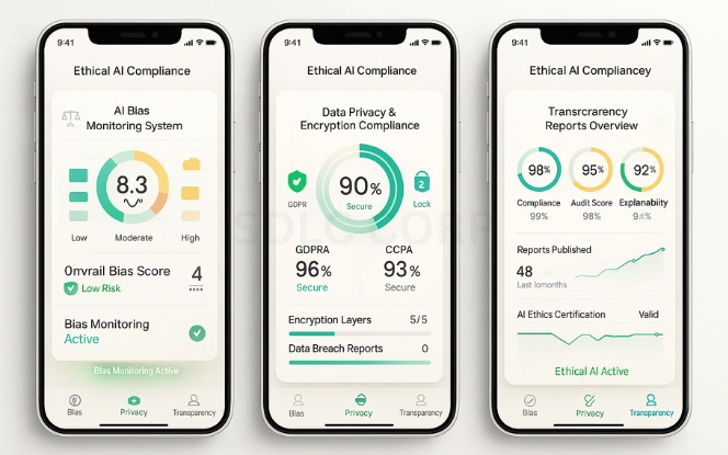 Challenges and Ethical Considerations Bias monitoring, privacy encryption status, and transparency reports on ethical AI compliance