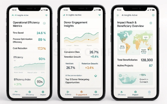 Measuring the Impact of AI Projects Efficiency KPIs, donor engagement funnel, and impact reach heatmap with beneficiary counts