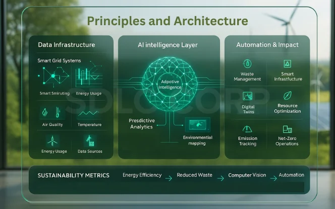 Infographic showing smart grids, predictive analytics, and automation layers in AI for Green Tech architecture designed for sustainability and energy efficiency.