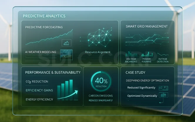 Visual explaining predictive forecasting, smart grid management, and sustainability metrics like CO₂ reduction and efficiency gains in renewable energy systems.