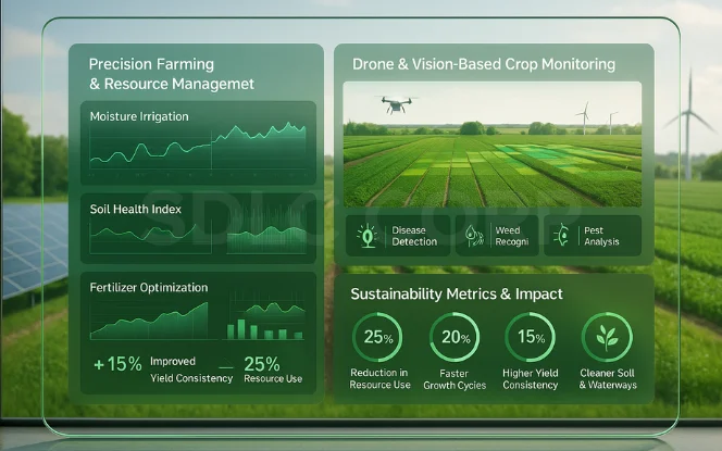 Illustration of precision farming tools and drone-based crop monitoring that improve soil health, yield, and sustainability through AI technology.