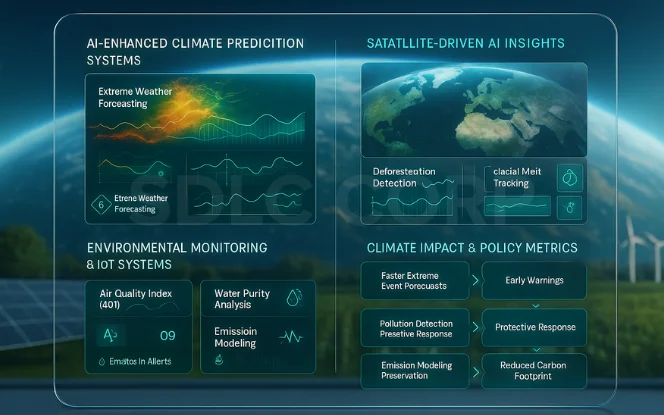 Graphic depicting AI-enhanced weather forecasting, deforestation detection, and climate policy metrics for sustainable environmental monitoring.