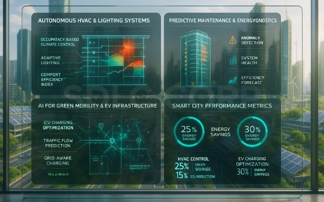 Infographic highlighting AI for Green Tech in action—covering predictive maintenance, HVAC systems, EV charging, and urban energy optimization..