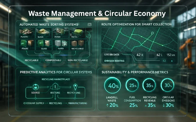 Visualization of waste-sorting automation, route optimization, and recycling analytics driving circular economy and sustainability performance.