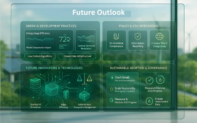 Graphic summarizing the future of AI for Green Tech, including carbon reduction, green data infrastructure, and ESG integration for responsible innovation.