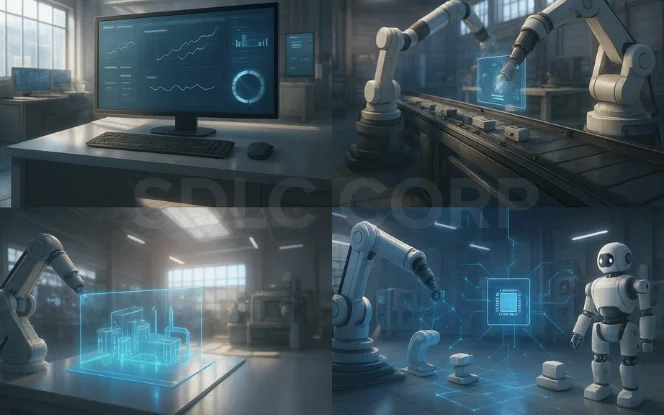Illustration of robotic arms, data dashboards, and a 3D hologram of a factory showcasing AI for Manufacturing Startups driving digital transformation and automation.