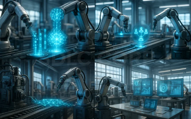 Industrial robots analyzing production data through digital projections to optimize workflows and improve decision-making accuracy.