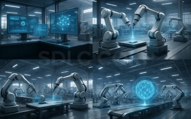 Collaborative robotic arms using holographic displays to process data, detect errors, and enhance efficiency through advanced automation tools.