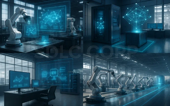 Visual of robotic manufacturing systems linked to a digital neural network, symbolizing AI for Manufacturing Startups improving industrial innovation..