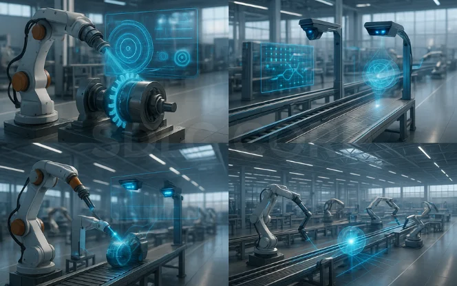 Factory automation setup showing robots analyzing gears and system data for predictive maintenance and real-time performance tracking.