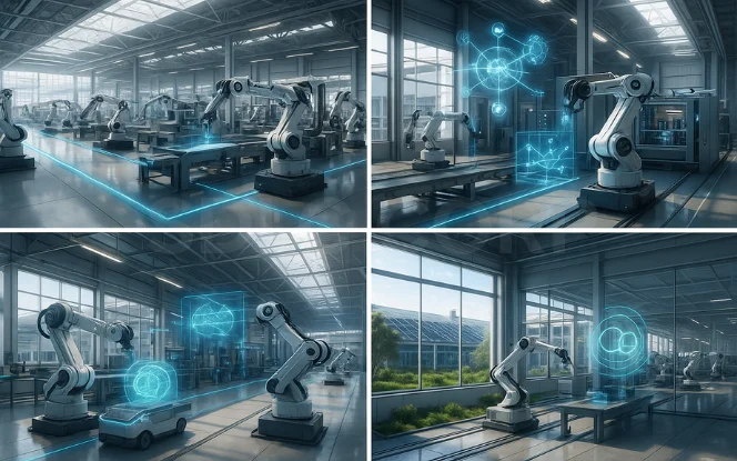 Robots and data visualizations operating in an energy-efficient, solar-integrated factory environment reflecting the future of sustainable manufacturing.