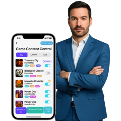 A man in a blue suit stands beside a smartphone showing a Game Content Control screen for managing casino games.