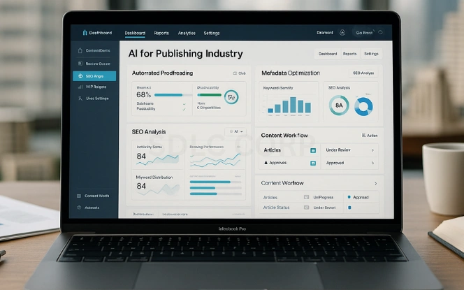 Professional laptop displaying an AI publishing analytics dashboard highlighting automation benefits, content insights, and workflow efficiency for modern publishers.