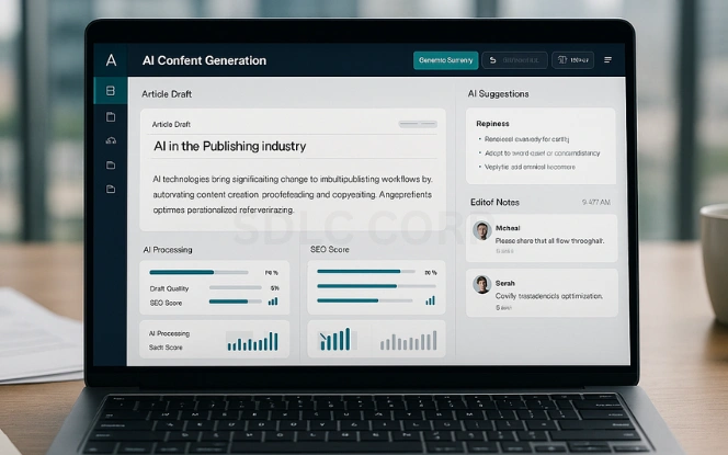 Front-facing laptop showing AI-powered content generation dashboard with automated drafting, proofreading, and optimization tools for publishers.