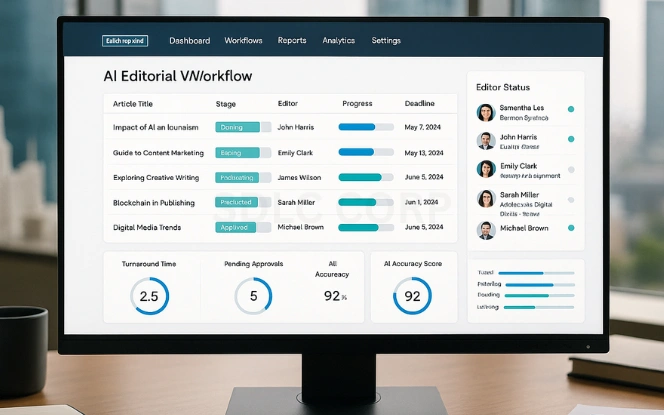 Monitor displaying an AI editorial workflow dashboard with automated task routing, real-time status updates, and editor collaboration features for streamlined publishing.